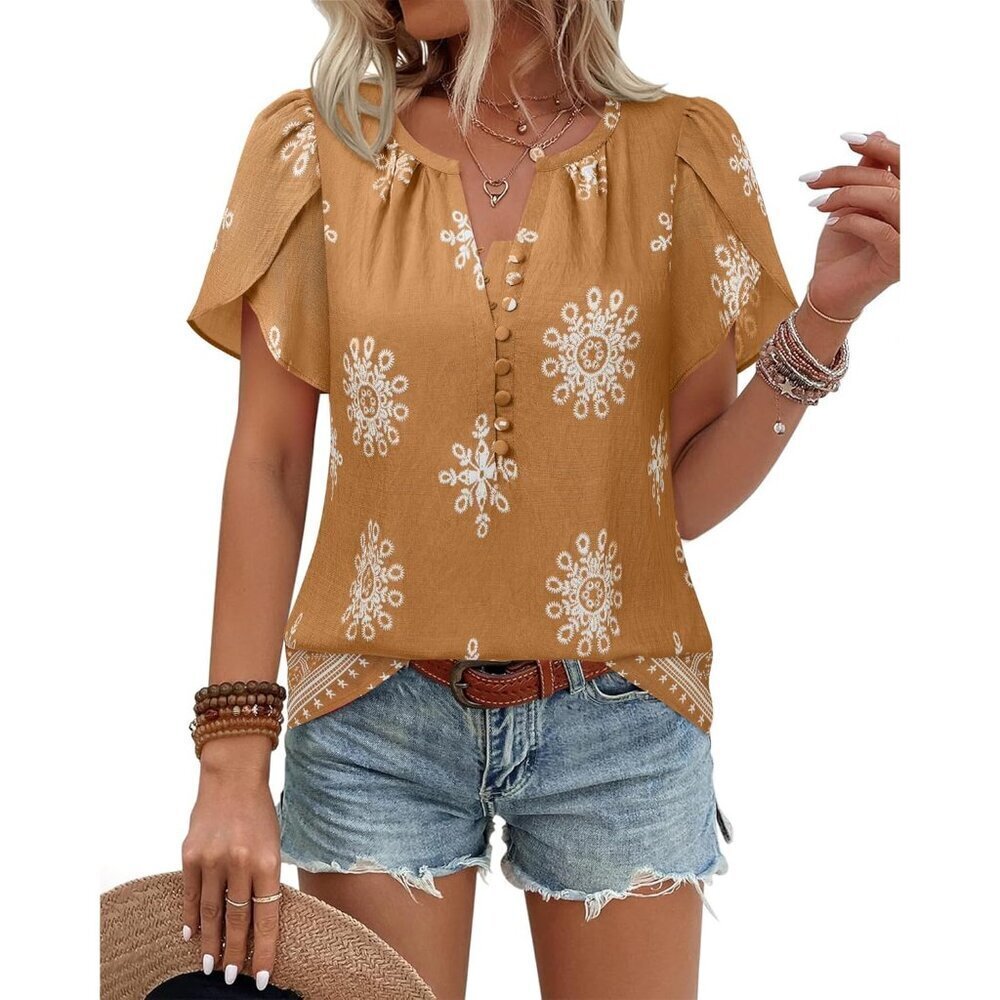 Womens Boho Short Sleeve Blouse Floral Paisley Summer Beach Vacation Top